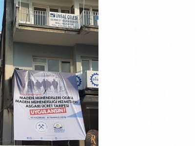 TMMOB MADEN MÜHENDİSLERİ ODASI MADEN MÜHENDİSLİĞİ ASGARİ ÜCERET TARİFESİ UYGULANSIN PANKARTI ASTIK (19.06.2019)