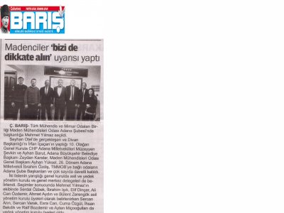 TMMOB MADEN MÜHENDİSLERİ ODASI ADANA ŞUBESİ 10. DÖNEM GÖREV DAĞILIMI YEREL BASINDA YER ALDI (10.02.2020)